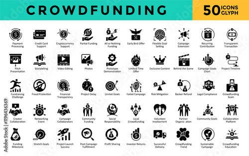 Crowdfunding icons set with payment processing, credit card support, cryptocurrency support, partial funding, all or nothing funding, early bird offer icon. Simple glyph vector 
