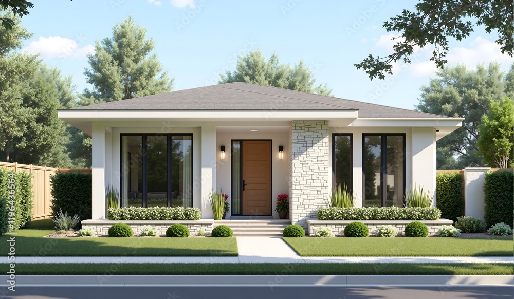 Elegant single-story home featuring a gable roof, white stone accents, wooden door, large black-framed windows, lush landscaping, and a clean, modern aesthetic under a clear blue sky.