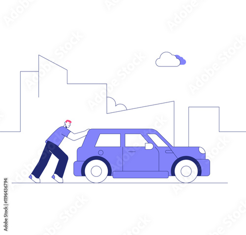 Man Pushing Broken Car On City Street In Flat Vector Illustration Symbolizing Vehicle Breakdown, Urban Life, And Emergency Assistance, Isolated On White Background