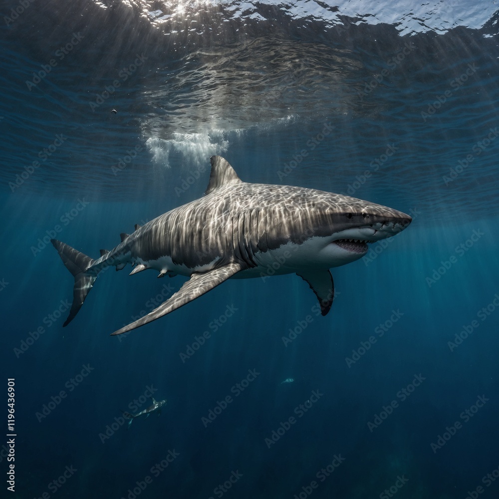 Naklejka premium Capture a great white shark cruising through open water.