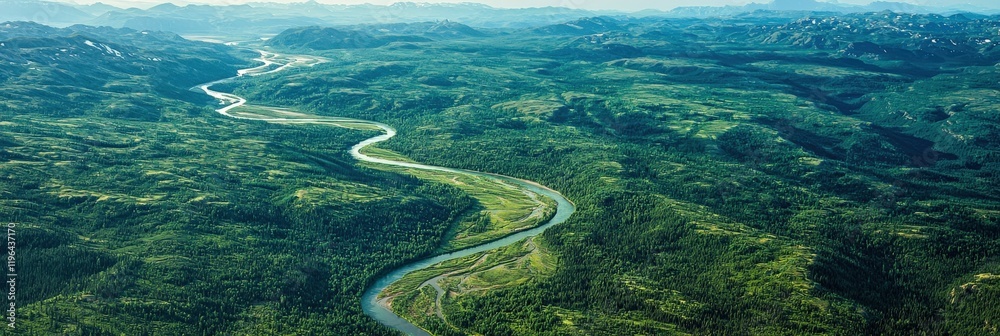 Close-up aerial view of a winding river cutting through dense green forests, ideal for environmental themes Close-up aerial view of a winding river cutting through dense green forests, ideal for environmental themes