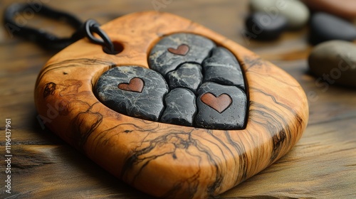 Heart-Shaped Wooden Pendant with Stone Inlay and Decorative Design photo