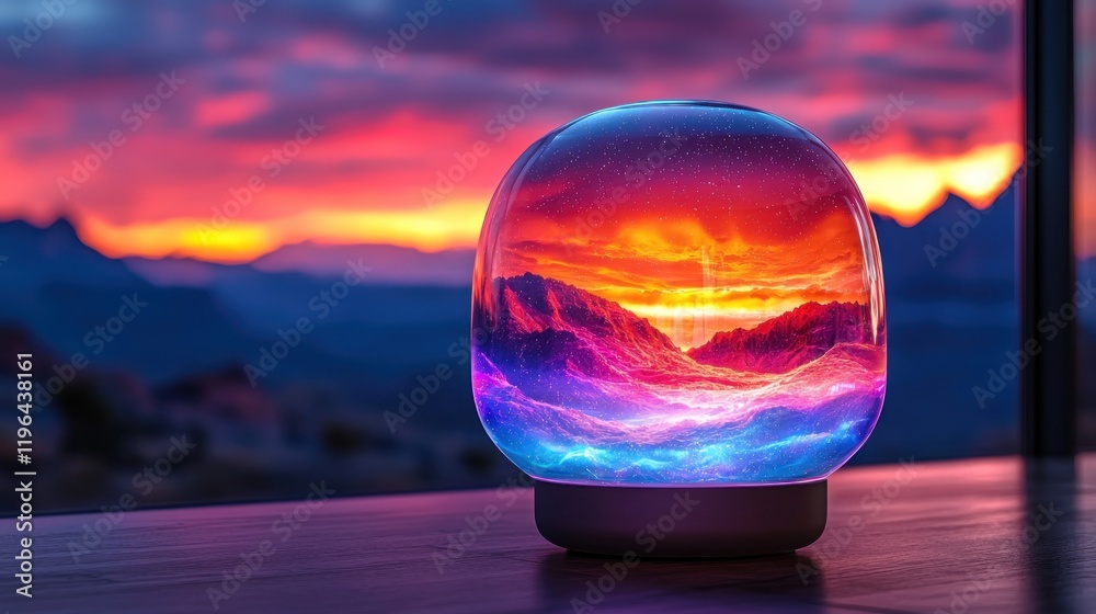Glowing globe shows sunset, mountains in background. Use product display, stock Glowing globe shows sunset, mountains in background. Use product display, stock