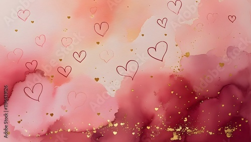 A watercolor background with soft pink hearts for romantic, love and affection for  for web banner, ads, post, presentation concept, template, copy space	