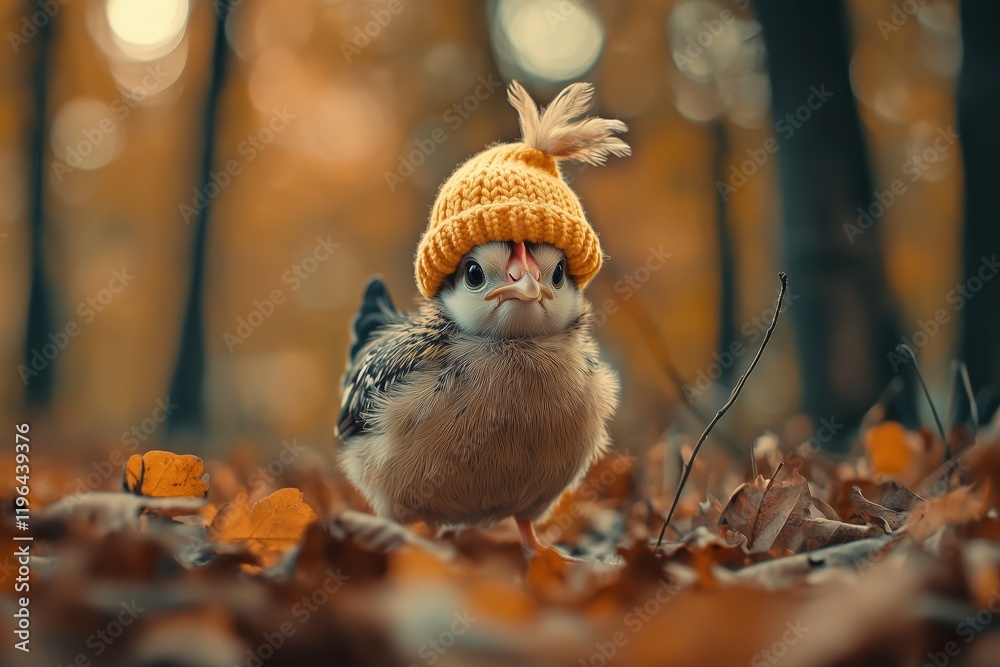 a chicken in a yellow knitted hat stands in the autumn forest a chicken in a yellow knitted hat stands in the autumn forest