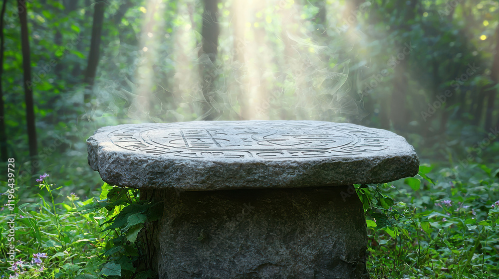 Ancient Stone Altar Hidden Deep Within Old Growth Forest Illuminated by Soft Sunlight Ancient Stone Altar Hidden Deep Within Old Growth Forest Illuminated by Soft Sunlight