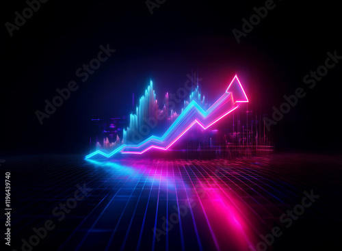 Vibrant neon blue and pink upward trending graph glows in the dark, reflecting on a futuristic surface.  Suggests growth, success, and technology. photo