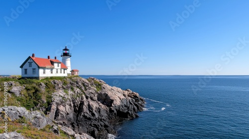 A scenic lighthouse on a rocky coast by the ocean.