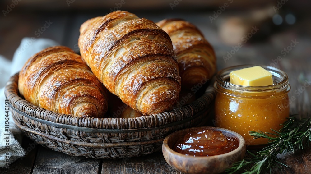 Croissants in basket with jam and butter on wood table, for food photo