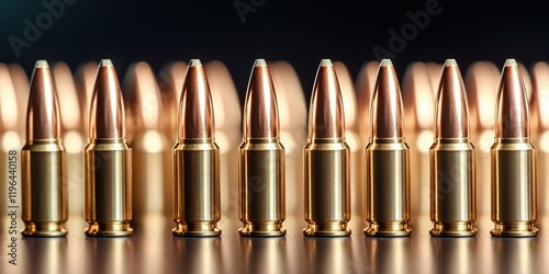 Defense bill protection concept. Close-up of bullet cartridges arranged in a row on a surface. photo