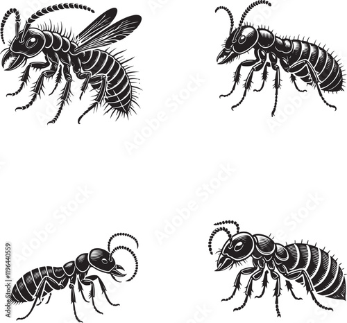 High-Quality Monochrome Vector Silhouettes of the Termite Isolated on a White Background