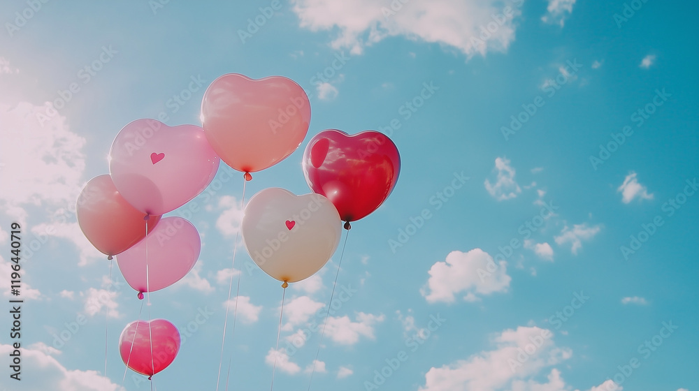 Heart-shaped balloons floating in blue sky with soft clouds