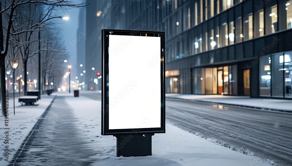 Vertical flyer stand on snowy urban street at night with copy space Vertical flyer stand on snowy urban street at night with copy space