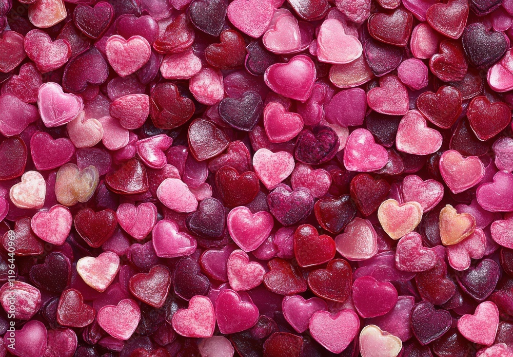 Obraz premium Colorful Assortment of Heart-Shaped Candies in Various Shades of Pink and Red Ideal for Celebrations and Sweet Treats on Holidays and Special Occasions
