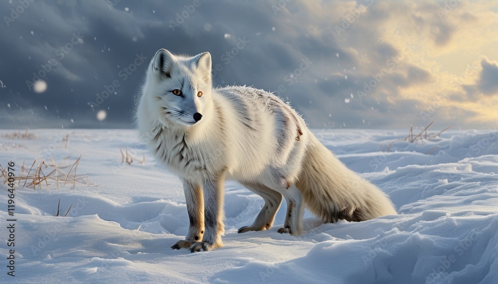 Fototapeta premium Arctic fox in serene winter landscape with copy space