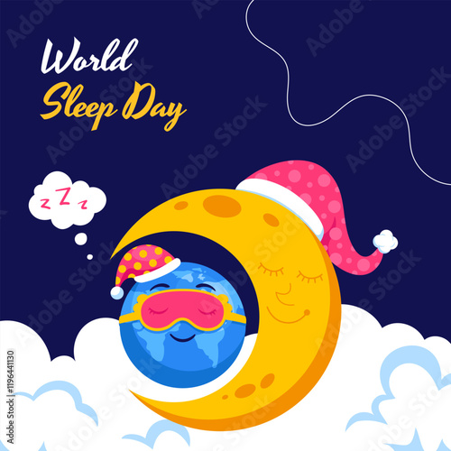 Creative World Sleep Day Social Media Template in Flat Cartoon Style Illustration