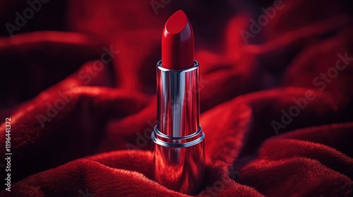 Red lipstick on velvet, dramatic lighting, beauty ad photo