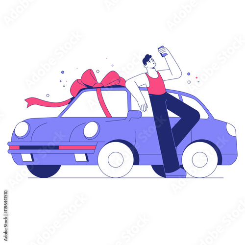 Man Leaning On A Car With A Big Red Bow In Flat Vector Illustration Symbolizing Gift, Celebration, And Car Ownership, Isolated On White Background.