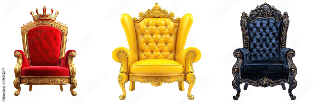 Set of regal thrones in black, silver, red, and gold, showcasing intricate, royal designs with rich textures, on transparent background Set of regal thrones in black, silver, red, and gold, showcasing intricate, royal designs with rich textures, on transparent background