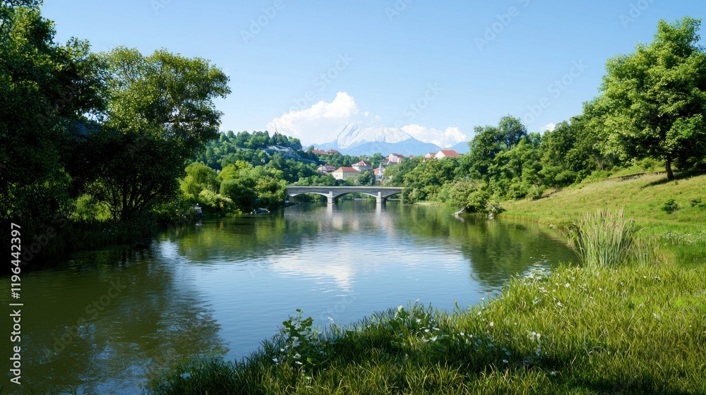 Serene River Landscape with Mountain View Serene River Landscape with Mountain View