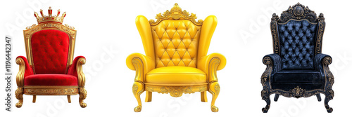 Set of regal thrones in black, silver, red, and gold, showcasing intricate, royal designs with rich textures, on transparent background