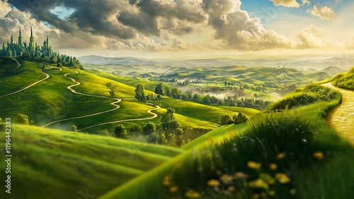Yellow brick road in wizard of oz. Road, meadow, fairy tale tale, castle, summer, path. Tale of a castle on path in summer. Fairy path through meadows and castles in summer lifestyle with tales.