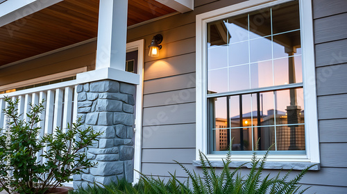 Modern House Exterior: Grey Siding, Stone Accents, and Wooden Porch.  Luxury Home Design and Architecture Photography photo
