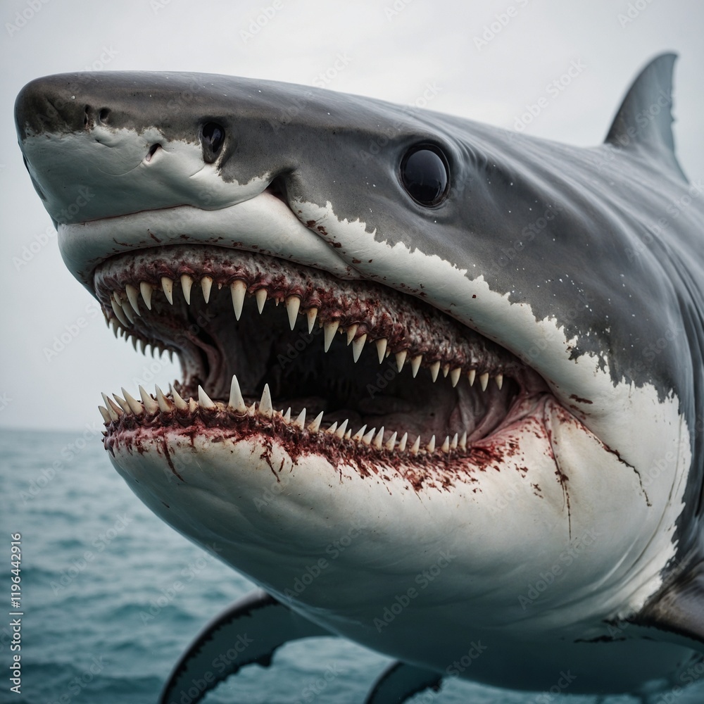 Fototapeta premium A close-up of a great white shark's sharp teeth with intricate details, on white.