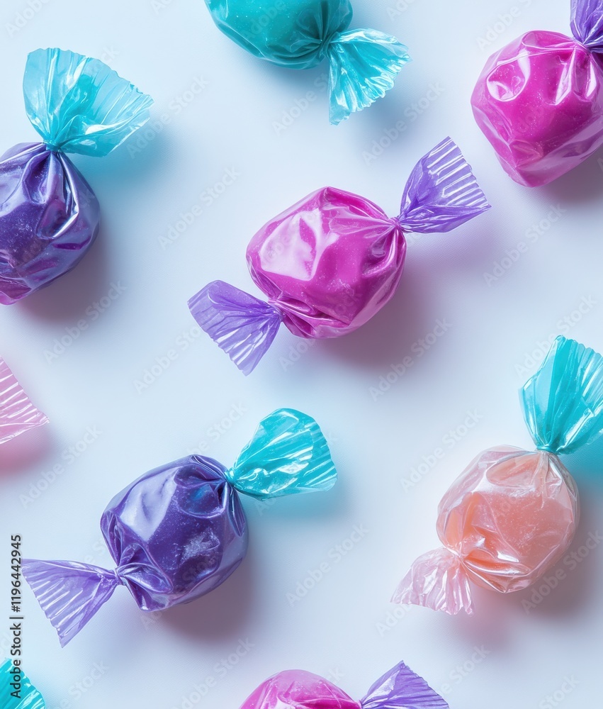 Fototapeta premium Colorful Candies Wrapped in Transparent Plastic on a Light Background, Perfect for Sweet Treats and Dessert Themes in Various Creative Projects