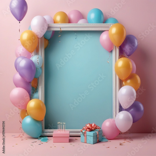 blue frame and colorful balloons for birthday greetings