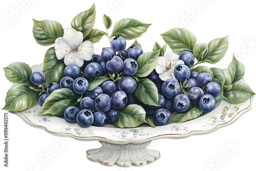 A perfect cluster of blueberries resting on a white dish