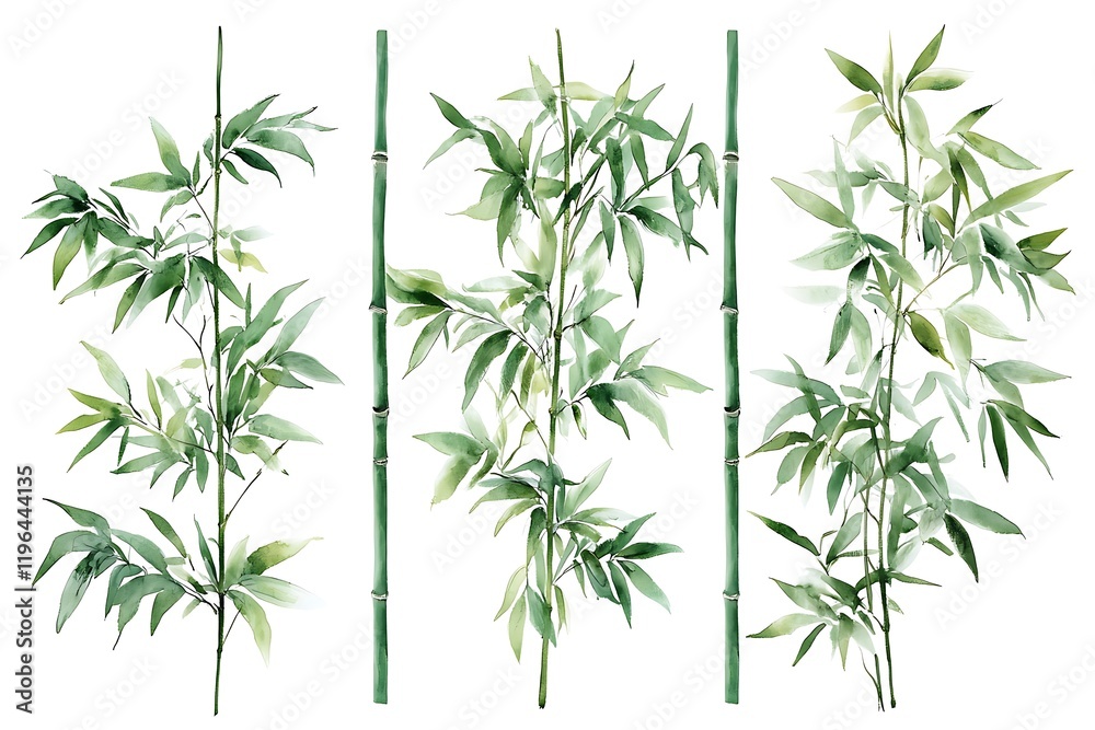 Obraz premium Watercolor Bamboo Trio: Elegant Green Stems & Leaves Isolated