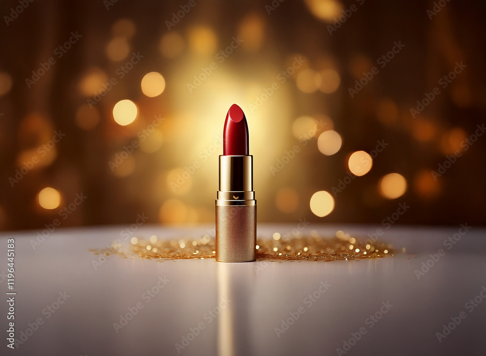 A single red lipstick stands elegantly on a gold glitter surface against a warm, bokeh background. Its golden casing reflects the ambient light. A single red lipstick stands elegantly on a gold glitter surface against a warm, bokeh background. Its golden casing reflects the ambient light.