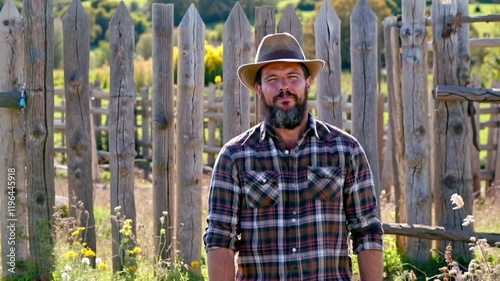 Farmer by the Fence: A portrait of a weathered farmer standing confidently in front of a rustic wooden fence, capturing the essence of rural life, agriculture, and hard work.