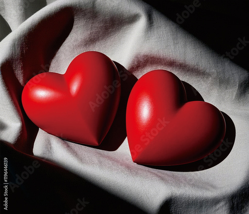 Two red hearts on a cloth, for Valentine's Day, a symbol of love