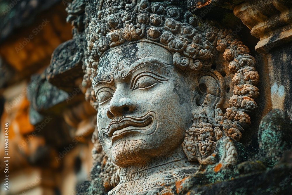 A close-up of intricate carvings on the ancient ruins. Generative AI A close-up of intricate carvings on the ancient ruins. Generative AI