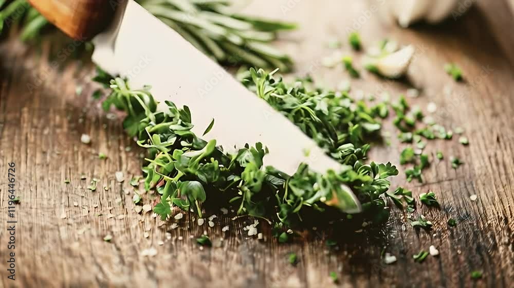 Chopping fresh herbs on wood, cooking prep, rustic kitchen, background blurry.  Use Food blog, recipe