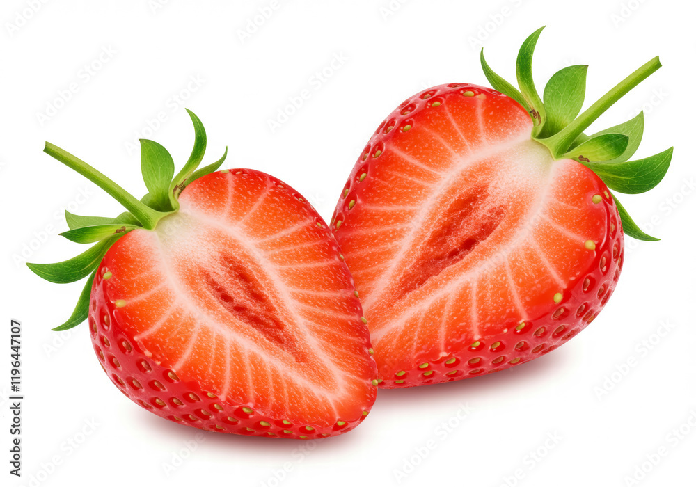 Fresh strawberries, whole and sliced, isolated on a white background with perfect retouching and full depth of field, featuring a true photo with clipping path Fresh strawberries, whole and sliced, isolated on a white background with perfect retouching and full depth of field, featuring a true photo with clipping path