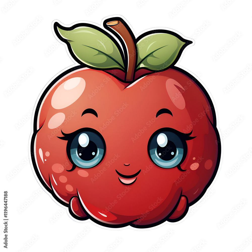 Fototapeta premium Cute Cartoon Apple Character with Big Eyes . Kawaii Fruit Illustration