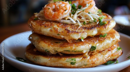 Delicious bnh xeo pancakes are stacked high, garnished with succulent shrimp and vibrant herbs. Enjoy this culinary delight in a warm, inviting Vietnamese eatery photo