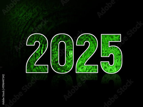green two thousand twenty-five on white stroke on blur numbers green arranged overlapping each other on blur circle green and black background, banner, template, number, copy space