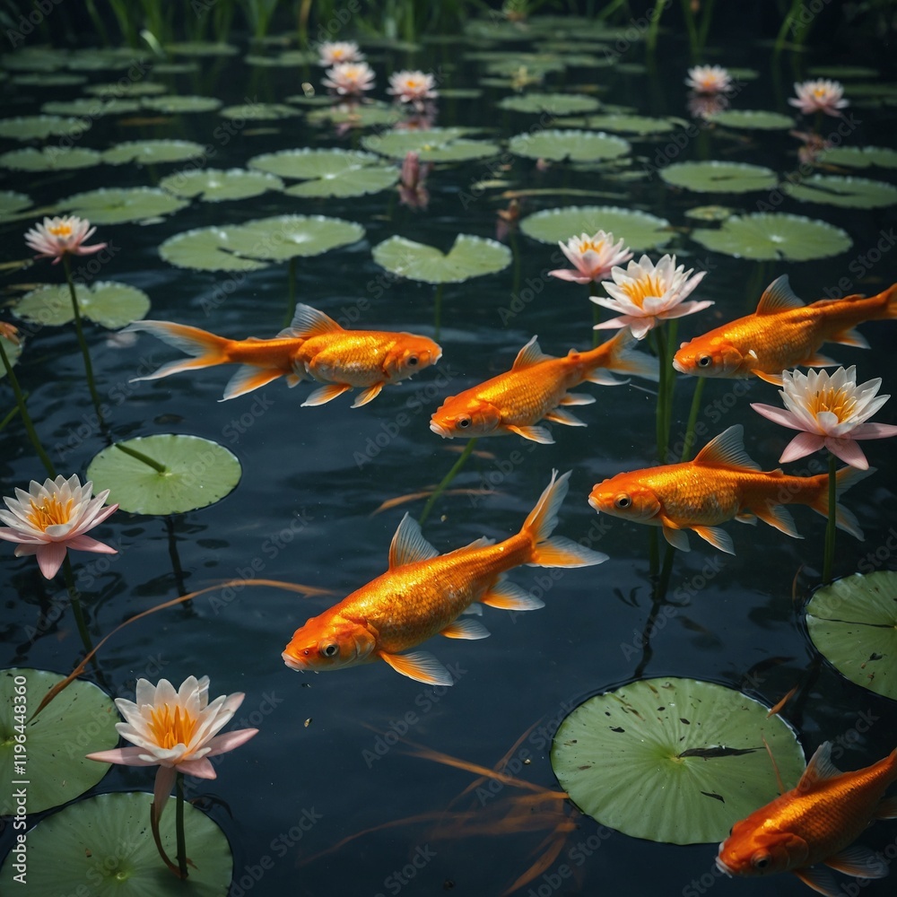 A shimmering goldfish swimming in a tranquil pond surrounded by lilies. A shimmering goldfish swimming in a tranquil pond surrounded by lilies.