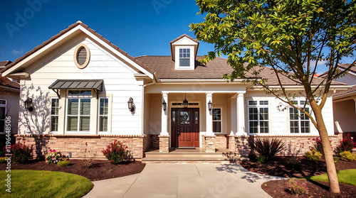 Luxury Home Exterior: Modern Architectural Design, Brick and Stone Facade, Landscaped Garden