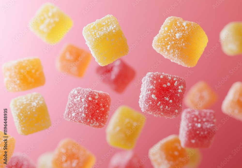 Colorful Falling Fruit Gummies on Pink Background, Capturing the Sweetness of Candy in a Fun and Playful Way, Perfect for Candy Lovers and Food Enthusiasts Colorful Falling Fruit Gummies on Pink Background, Capturing the Sweetness of Candy in a Fun and Playful Way, Perfect for Candy Lovers and Food Enthusiasts