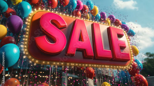 Colorful SALE sign with balloons and confetti, creating festive atmosphere for shopping. Perfect for promotions and advertisements