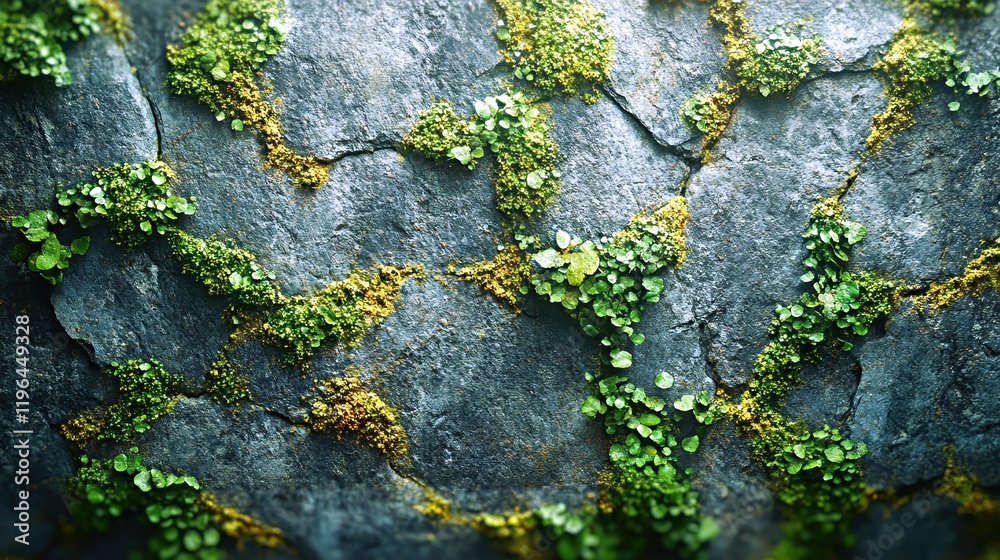 Obraz premium Texture of a rough stone surface adorned with vibrant moss and lichen found in a natural setting