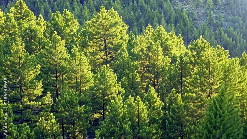 Lush green coniferous trees thrive in a mountainous region under bright sunlight Lush green coniferous trees thrive in a mountainous region under bright sunlight