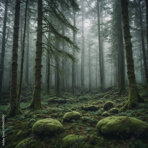 Nordic-inspired mystical forest with tall, ethereal trees shrouded in mist, soft shades of grey and green dominating the landscape, moss-covered rocks.