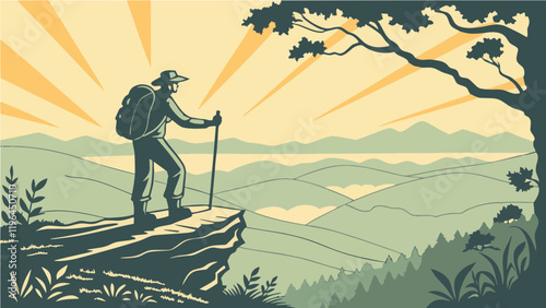 hiker in the mountains Solitary Journey: Witnessing the Golden Sunrise Over a Misty Valley