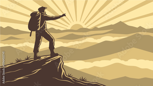 person on the top of mountain Solitary Journey: Witnessing the Golden Sunrise Over a Misty Valley